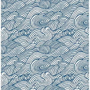 May include: A repeating pattern of stylized ocean waves in navy blue on a white background. The design features swirling lines and curved shapes, creating a dynamic and textured effect. The overall theme is nautical and evokes a sense of movement.