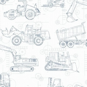 May include: A blueprint style illustration of various construction vehicles, including a bulldozer, excavator, dump truck, forklift, and road roller. The vehicles are drawn in blue on a white grid background.