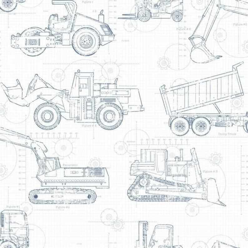 May include: A blueprint style illustration of various construction vehicles, including a bulldozer, excavator, dump truck, forklift, and road roller. The vehicles are drawn in blue on a white grid background.