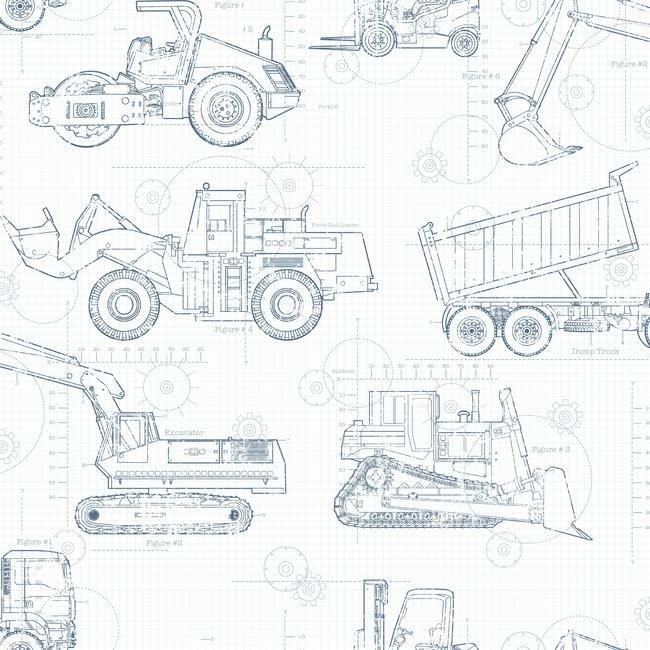 Tractor Truck Construction White Prepasted Wallpaper