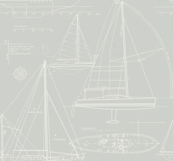 Yacht Blueprint Gray Wallpaper | Etsy
