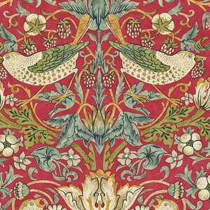 May include: A vintage-style wallpaper design featuring two stylized birds with green and yellow accents, perched on a floral pattern with red, green, and yellow leaves. The background is a deep red.