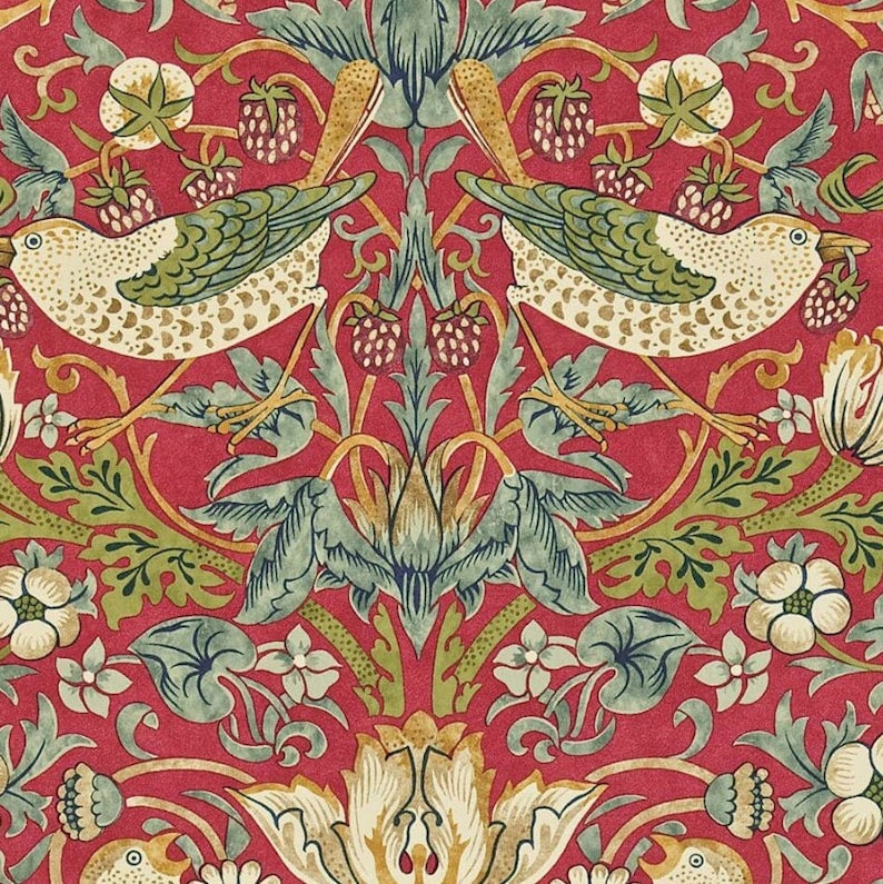 May include: A vintage-style wallpaper design featuring two stylized birds with green and yellow accents, perched on a floral pattern with red, green, and yellow leaves. The background is a deep red.