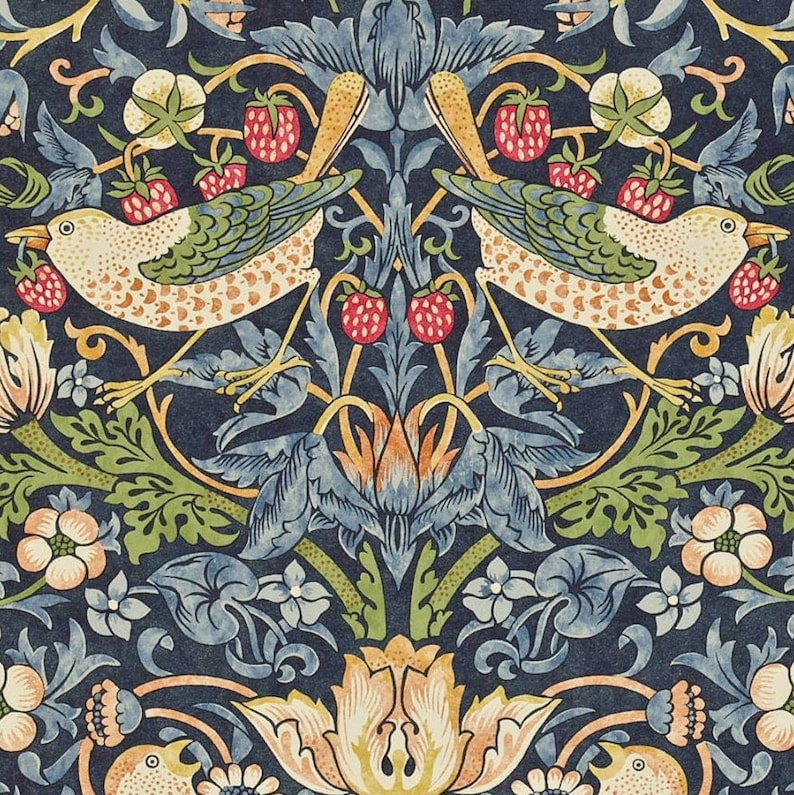 May include: A vintage style floral pattern with two birds in a symmetrical design. The background is a dark blue with green, orange, and yellow accents. The birds are white with brown spots and have green wings.
