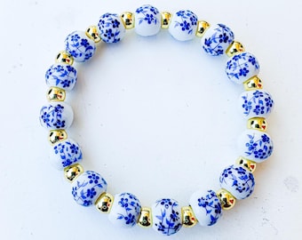 Elegant Blue Flower Porcelain Bracelet | Mother&#39;s Day Gift | Bracelet | 18K Gold Plated | Tarnish Resistant | Gift for Mom