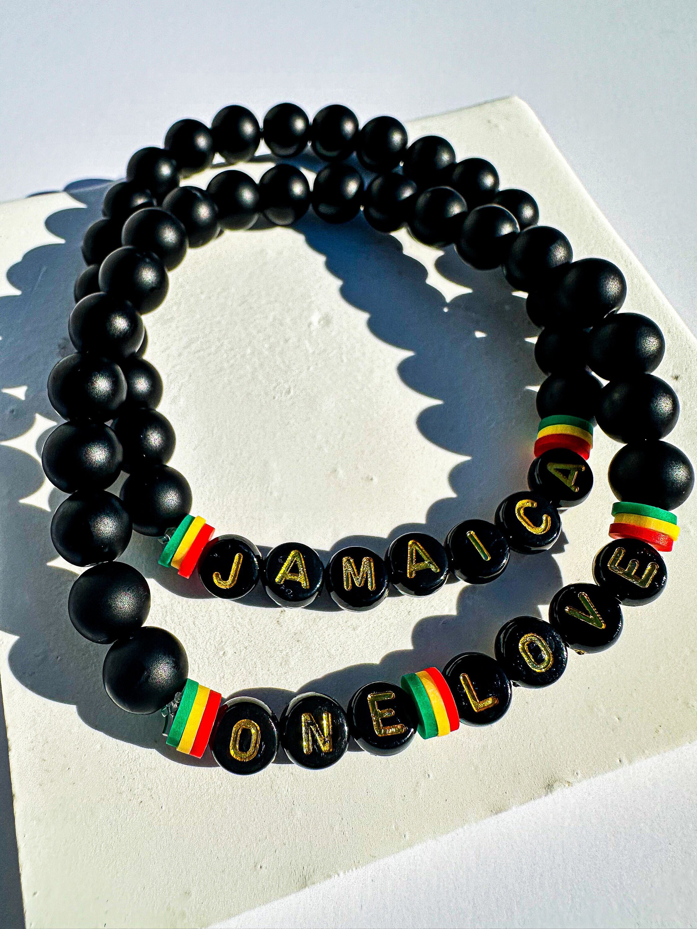 Men’s Jamaica Bracelet Set (Stone Beads) | Natural Onyx Stone | One Love | Bob Marley | Travel Bracelet |Jamaica Jewelry | Gemstone Bracelet