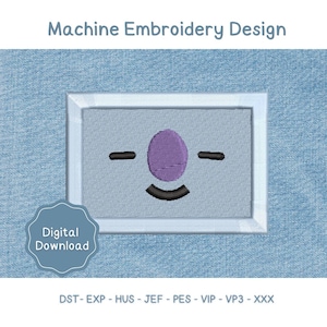 May include: A machine embroidery design featuring a rectangular patch with a light blue background, a central purple oval nose, and black stitched lines for eyes and a curved mouth. The text reads Machine Embroidery Design and Digital Download.