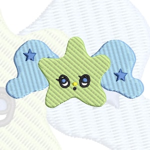 May include: An embroidered patch featuring a central light green star with a cartoon face, including black-outlined eyes and a small yellow nose. The star is flanked by two light blue cloud-like shapes, each decorated with a single small dark blue star.