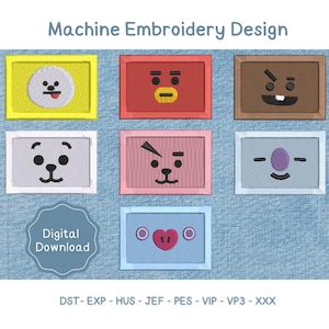 May include: A machine embroidery design featuring seven rectangular patches with cartoon character faces. The characters include a white circle on yellow, red, brown, light gray, pink, light blue, and a blue patch with a pink heart. Text reads Machine Embroidery Design and Digital Download.