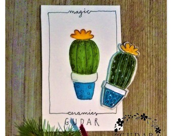 Porcelain  Mini Cactus with Orange Flower Handmade Unique Brooch With Original Watercolour Painting