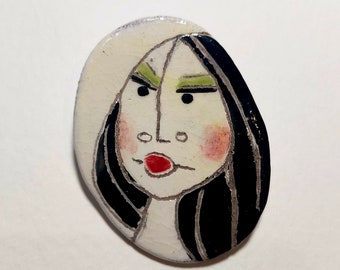 Black + White Woman with red cheeks - Ceramic Brooch Pin Jewelry Brooch Modern Ceramic Jewelry Unusual Brooch