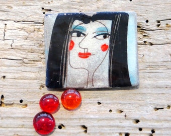 Black + White Woman with red cheeks - Ceramic Brooch Pin Jewelry Brooch Modern Ceramic Jewelry Unusual Brooch