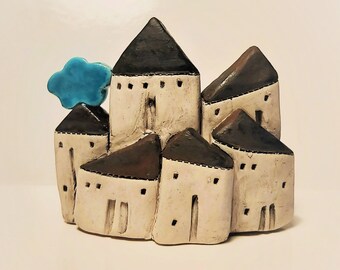 Tiny House Village of Miniature Ceramic Houses, Unique Housewarming Gift with a cloud! OOAK