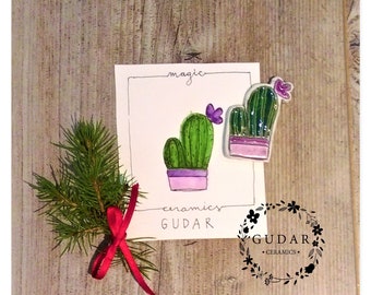 Porcelain Mini Cactus with Purple Flower Handmade Unique Brooch With Original Watercolour Painting