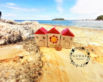 Little Ceramic houses Miniature houses Little rustic cottage Ceramic houses with RED and ORANGE roofs Hearts and Flower
