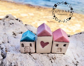 Little Ceramic houses Miniature houses Little rustic cottage Ceramic houses with light Violet Pink and Blue roofs with adorable Hearts