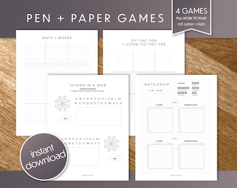 Afdrukbare pen & papier spelbundel / slagschip, Tic Tac Toe, stippen + dozen, Spider in a Web (Hangman Alt!) / autospellen / digitale download