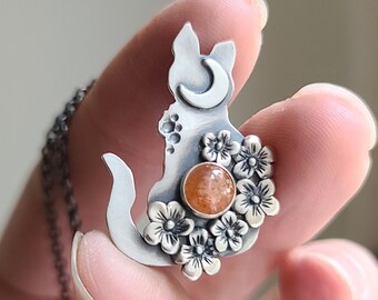 The Cat. Orange Sunstone. Floral Cat Pendant. Kitty Necklace.  Chromafusion Jewelry.