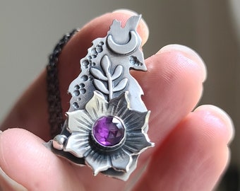 Floral Wolf. Amethyst. Chromafusion Jewelry. Howling Wolf Necklace. Sterling silver. Chromafusion Jewelry.