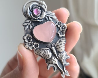 Love Luna. Rose Quartz Heart Flower Luna Moth Necklace. Pink Sapphire Floral Jewelry. Moon Magic. Chromafusion Jewelry.