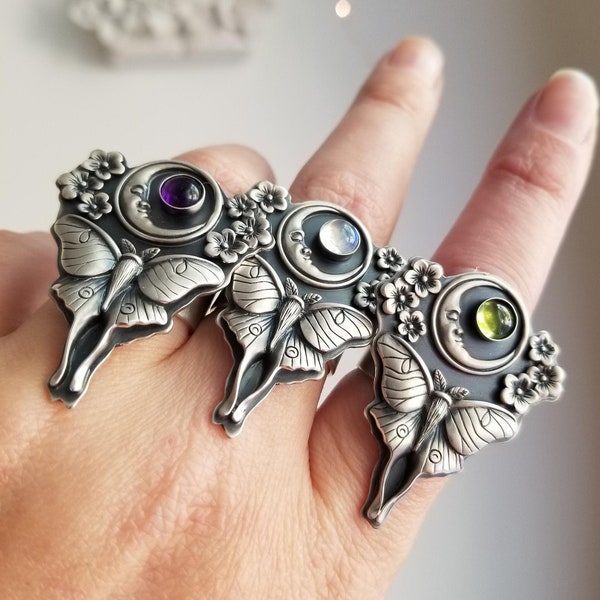 RING SIZE US10  Ready to Ship Sleepy Moon Luna Moth Ring. US10 Floral Jewelry. Moon Magic. Chromafusion Jewelry. The Garden Magic Collection