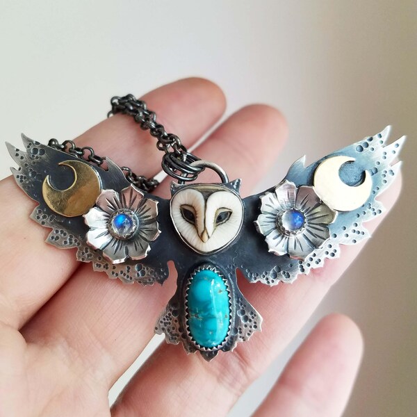 The Owl. Athena No. 2.  Natural Carico Lake Turquoise. Moonstone. Freespirit. Floral. Chromafusion Jewelry. The Spirit Animal Collection