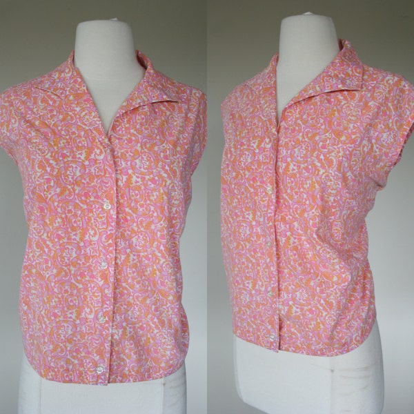 1960's X large blouse, shirt, cotton button up top, pink, tank top, sleeveless,  size 12, 14, plus size, paisley print.