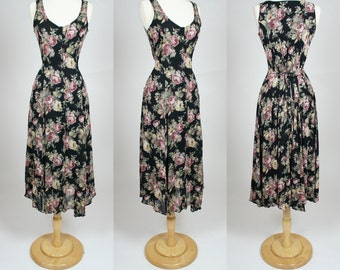 1990's grunge dress in black floral rayon, sleeveless long maxi summer sun dress with waist tie. Medium, US 8