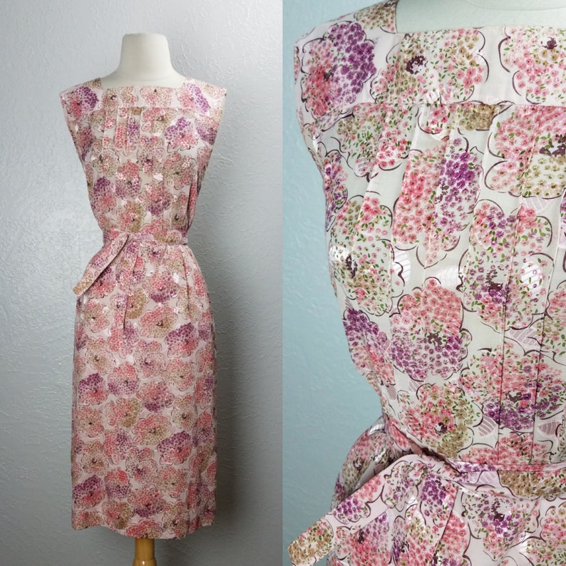large sleeveless summer dress 1960s pink floral belted day dress