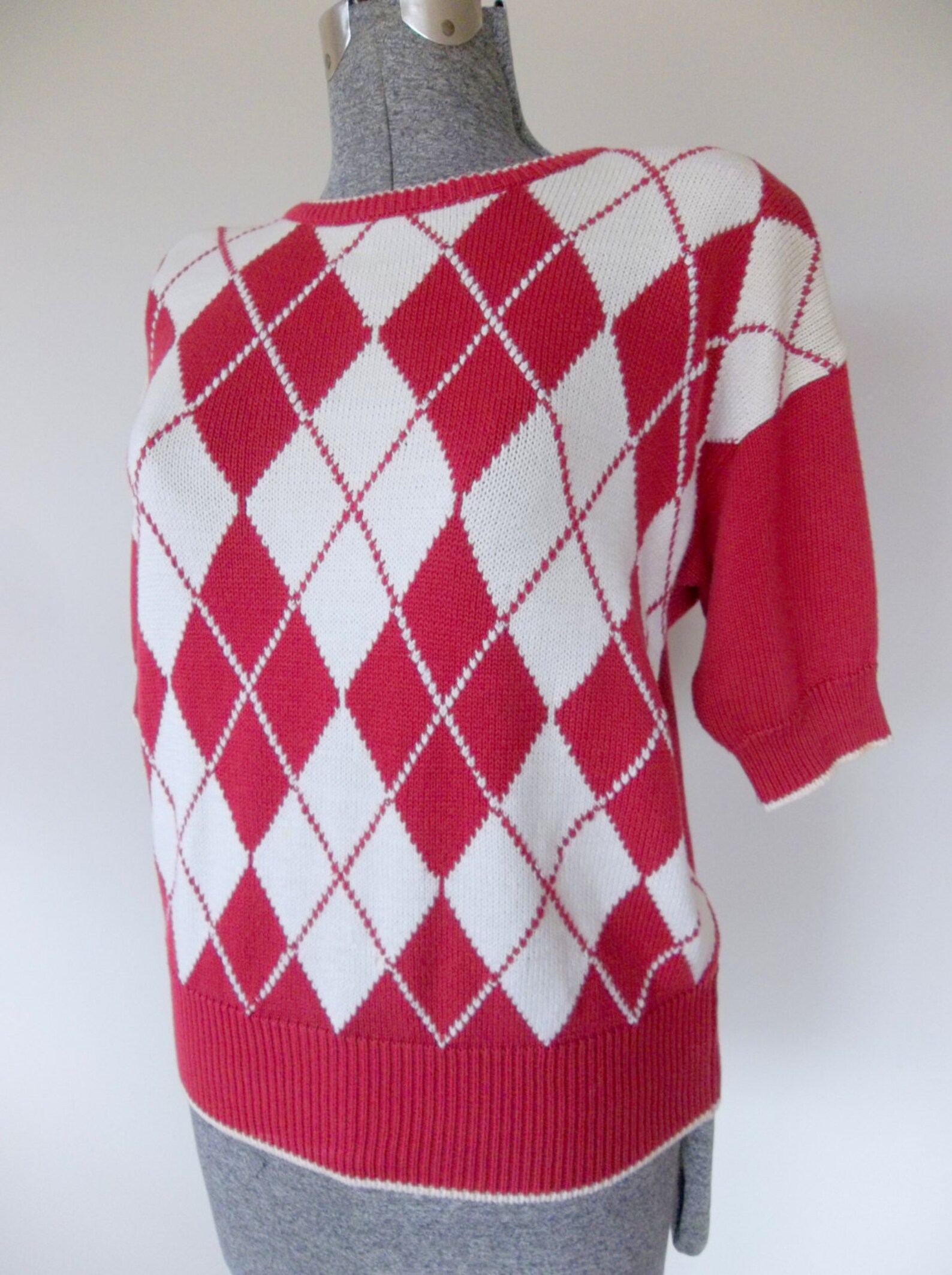 1980's Sweater W Red and White Argyle Print Short Sleeve | Etsy