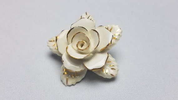 50s bone china rose brooch, handmade, gold accents