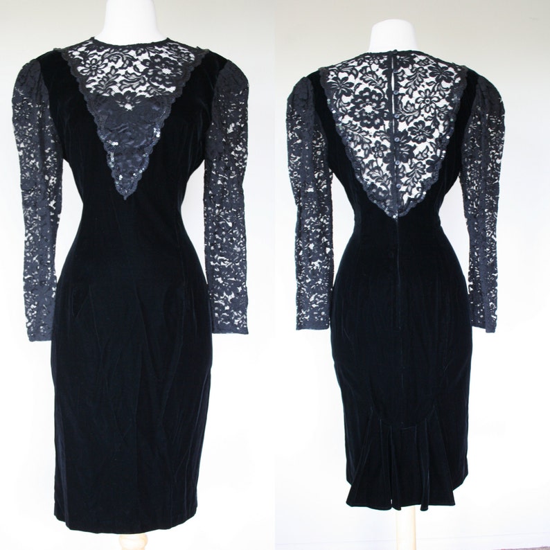1980s black velvet lace wiggle dress, long sleeves, sequins, medium, bombshell, McClintock dress, prom, formal, event, cocktail dress 