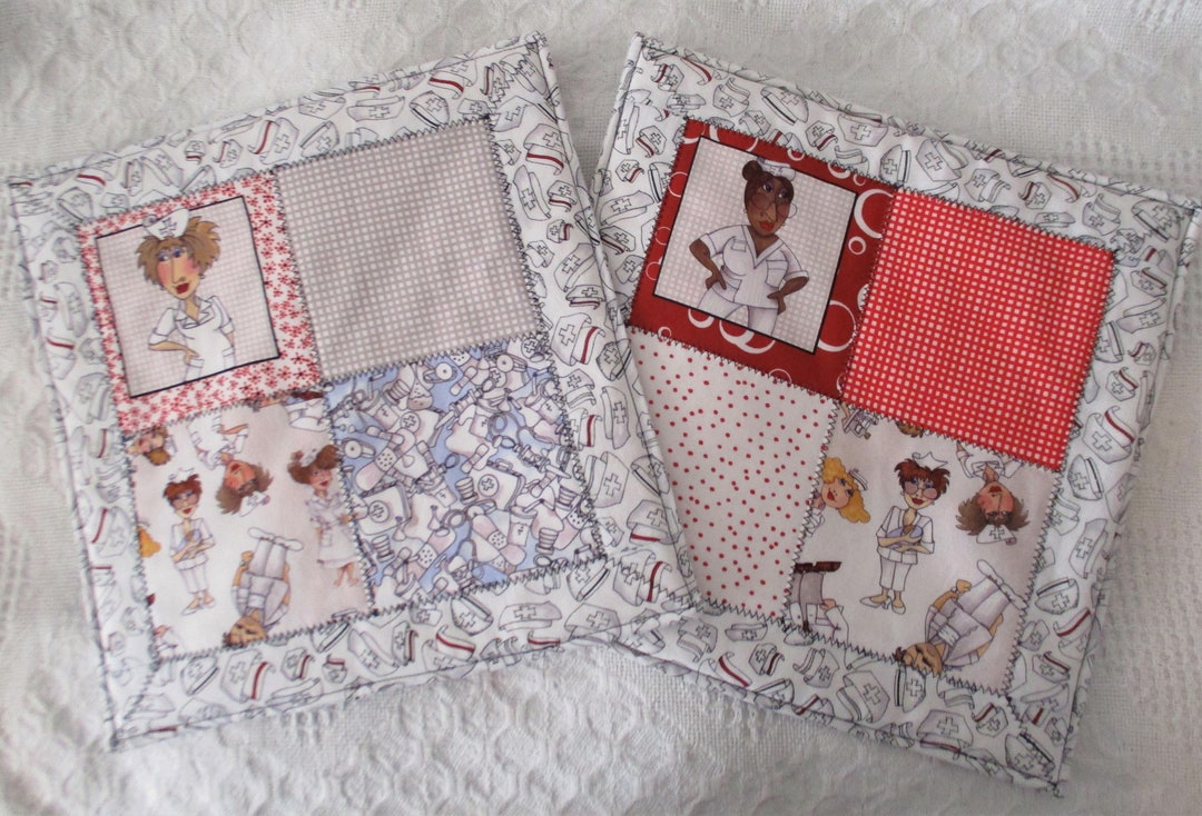 Set of 2 Nifty Nurses Quilted Large Hot Pads/trivet Pot Holders/mug  Rugs/table Mats 12 X 12 Many Uses for Great Gift 