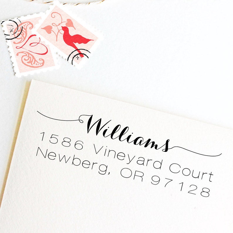 self inking, wedding address stamp Return address stamp with script name