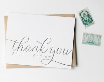 Letterpress Thank you card set customized with names, folded thank you notes in calligraphy