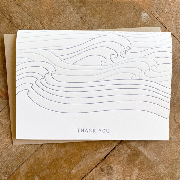 Letterpress waves thank you folded note cards