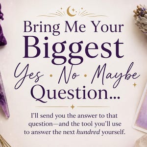 May include: A purple velvet pouch, a silver chain with a pointed amethyst crystal pendulum, a bundle of dried lavender, and a rectangular card with the text "Yes No Maybe" printed on it. The central text reads "Bring Me Your Biggest Yes No Maybe Question..."