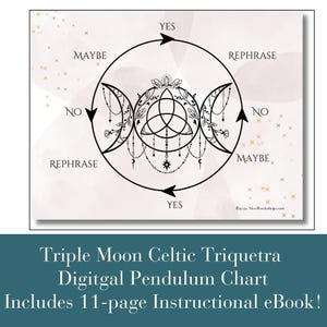 May include: A black and white triple moon Celtic triquetra design with a circle around it. The circle is divided into four sections with the words "YES", "MAYBE", "NO", and "REPHRASE" written in each section. This is a digital pendulum chart for divination.