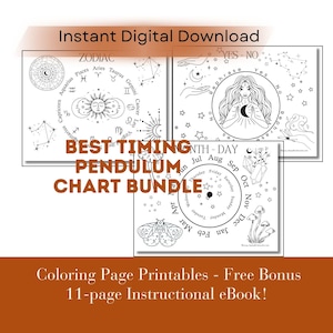 Può includere: Un pacchetto di grafici stampabili in bianco e nero per l'uso del pendolo, con segni zodiacali, un grafico sì/no e un grafico mese/giorno. Il testo include "Best Timing Pendulum Chart Bundle" e "Instant Digital Download."