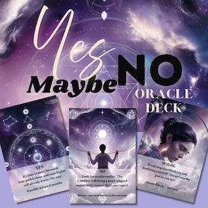May include: A purple oracle deck featuring three cards with celestial designs. The cards display the text Yes, No, and Maybe, along with inspirational messages and illustrations of a person, geometric patterns, and starry night skies.