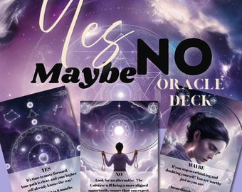 May include: A purple oracle deck featuring three cards with celestial designs. The cards display the text Yes, No, and Maybe, along with inspirational messages and illustrations of a person, geometric patterns, and starry night skies.