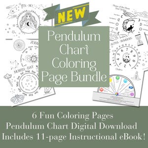 May include: A collection of six black and white pendulum chart colouring pages. The pages include zodiac signs, moon phases, and alpha-numeric charts. The bundle includes an 11-page instructional eBook. The words "NEW" and "Pendulum Chart Colouring Page Bundle" are visible.