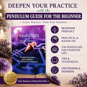 Puede incluir: Un libro titulado Pendulum Guide For The Beginner de Susan K. Edwards con una portada morada que muestra un p&eacute;ndulo met&aacute;lico. La imagen incluye puntos destacados como Beginner Friendly, Practical & Hands-On y Tips & Techniques junto a un p&eacute;ndulo de cristal morado.