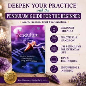 Pode incluir: Um livro intitulado Pendulum Guide For The Beginner de Susan K. Edwards com uma capa roxa apresentando um p&ecirc;ndulo met&aacute;lico. A imagem inclui destaques de texto como Beginner Friendly, Practical & Hands-On e Tips & Techniques ao lado de um p&ecirc;ndulo de cristal roxo.
