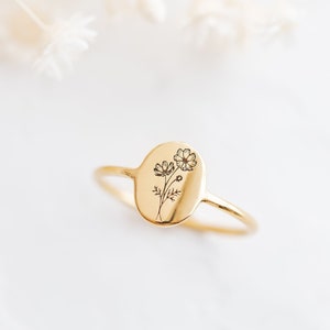 Personalised Birth flower Ring Gold Birth flower Ring Dainty Birthflower Jewellery Birthflower ring with Engraving Mothers Day Gift image 1