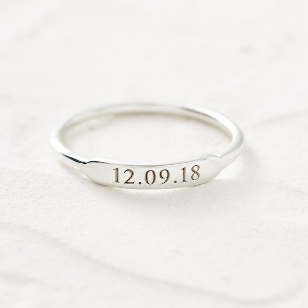 Sterling Silver Personalised Bar Ring | Custom Date Ring | Coordinates ring | Personalised Ring | Roman Numeral Ring | Engraved Dates Ring