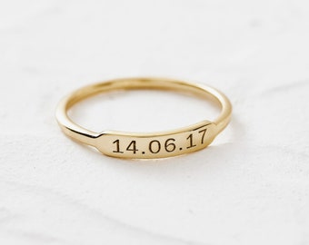 18k Gold Plated Personalised Bar Ring - Custom Engraved Name or Date