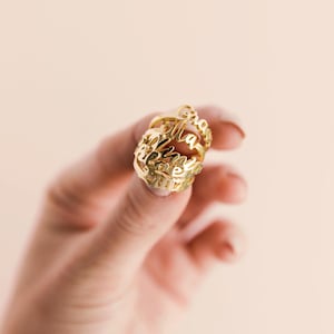Può includere: Una pila di anelli color oro, ognuno con un nome diverso in un carattere corsivo. Gli anelli sono tenuti in mano su uno sfondo morbido color pesca. I nomi sono: Emma, Ella e Remi.