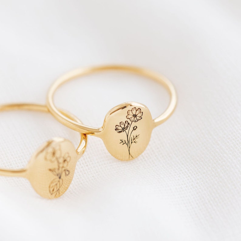 Personalised Birth flower Ring Gold Birth flower Ring Dainty Birthflower Jewellery Birthflower ring with Engraving Mothers Day Gift image 3