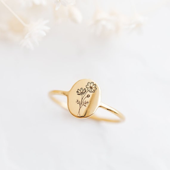 Personalised 18k Gold Plated Birth Flower Ring, Engraved Birth Month Floral Jewellery